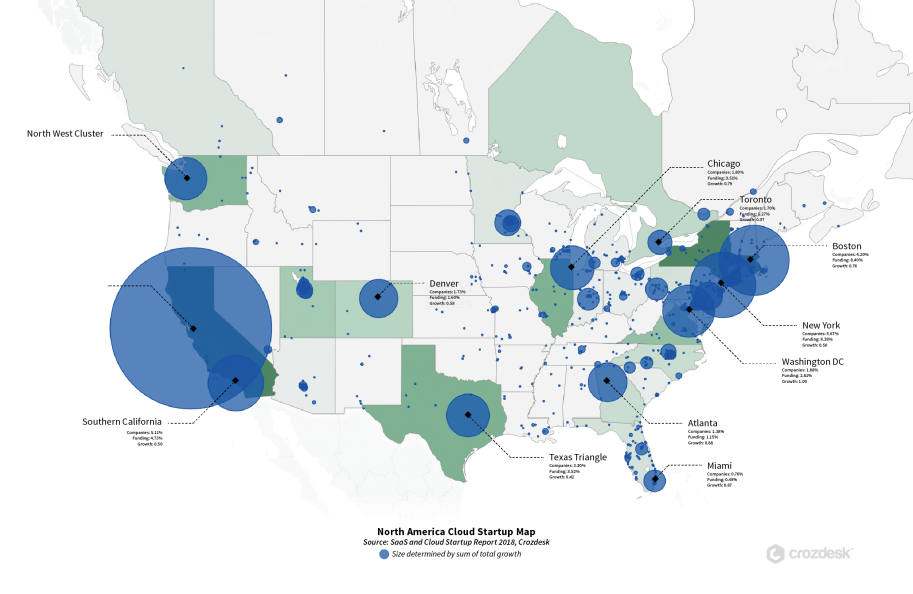 Map of US and Canada startup ecosystems